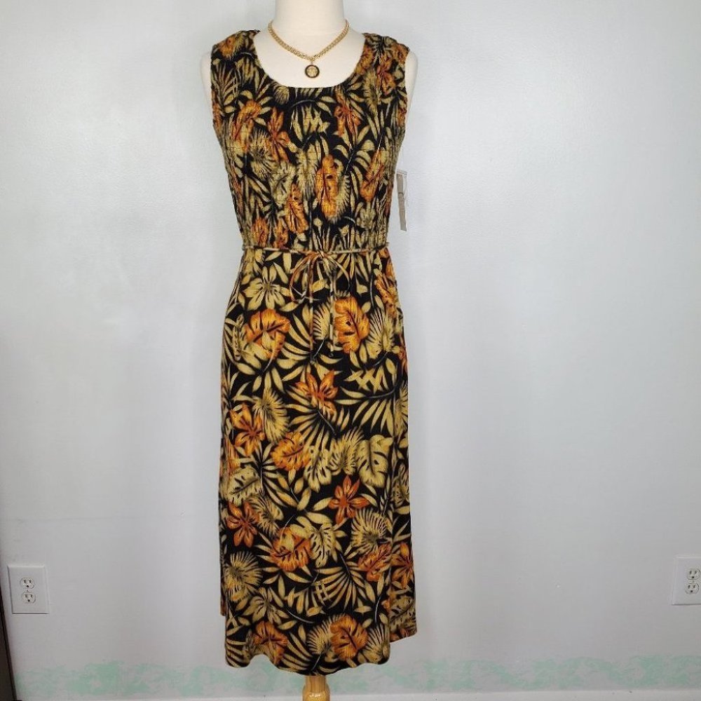 ERIKA Black Orange Green Hawaiin Tropical Smocked Sleeveless Dress NEW NWT Sz MP